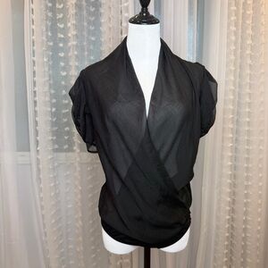 Chic Black Sheer Wrap Blouse Bodysuit